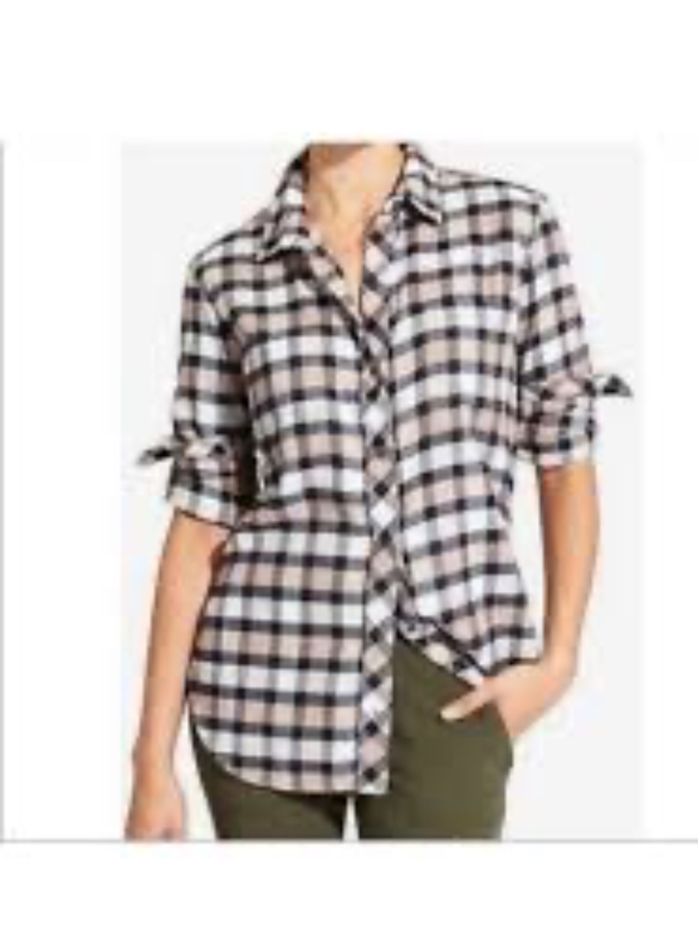 Athleta Flannel Button Down Shirt Pink Navy Plaid Check Petite Large PL